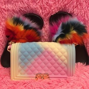 Furry slippers with matching purse